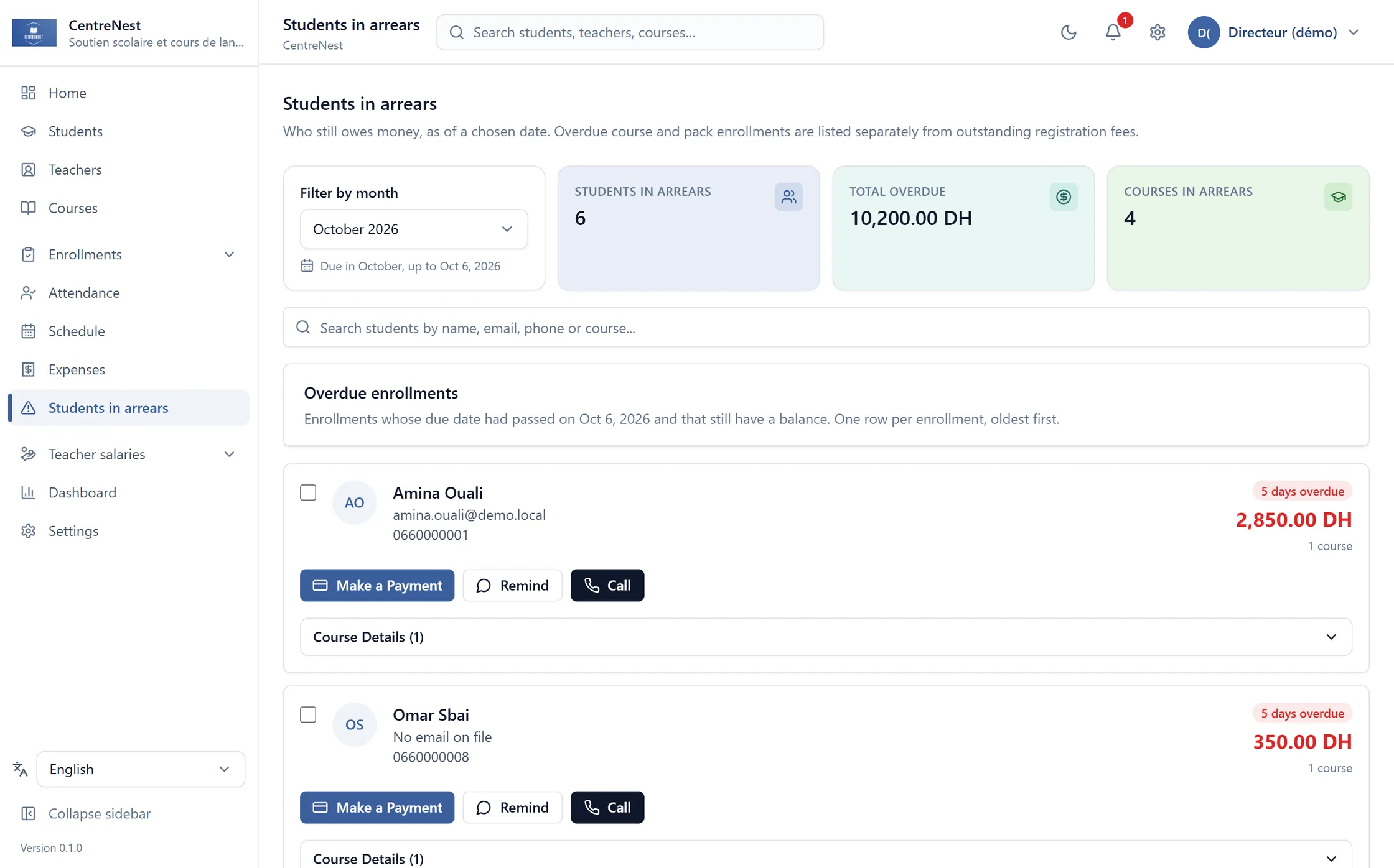 The students-in-arrears screen: who is behind, by how much, with a payment and a reminder button on each row.